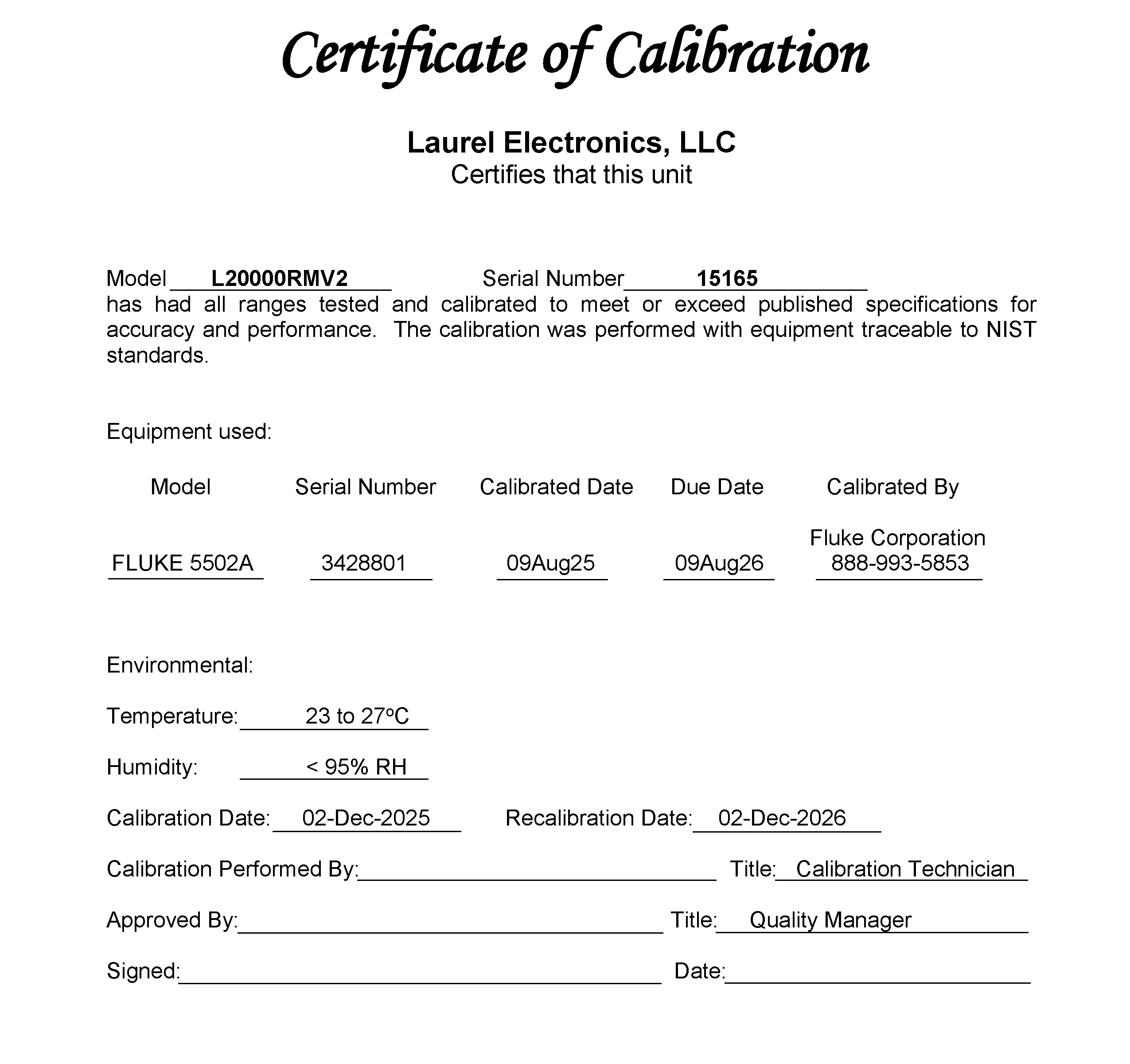 Certificate of Calibration Analog