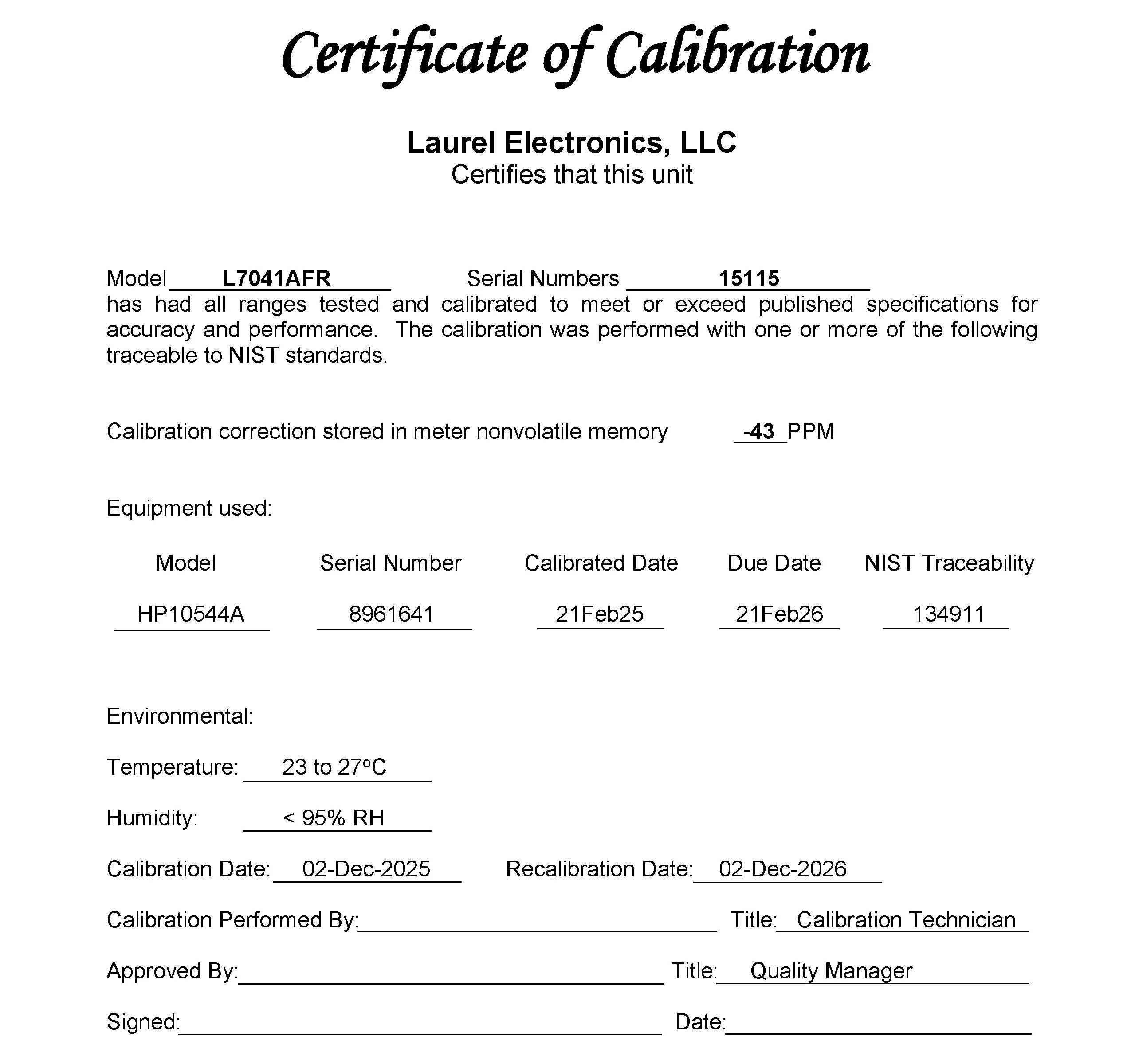 Certificate of Calibration Digital