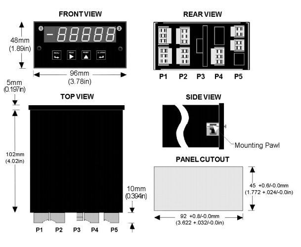 Mechanical specifications of Laureate digital panel meters and electronic counters